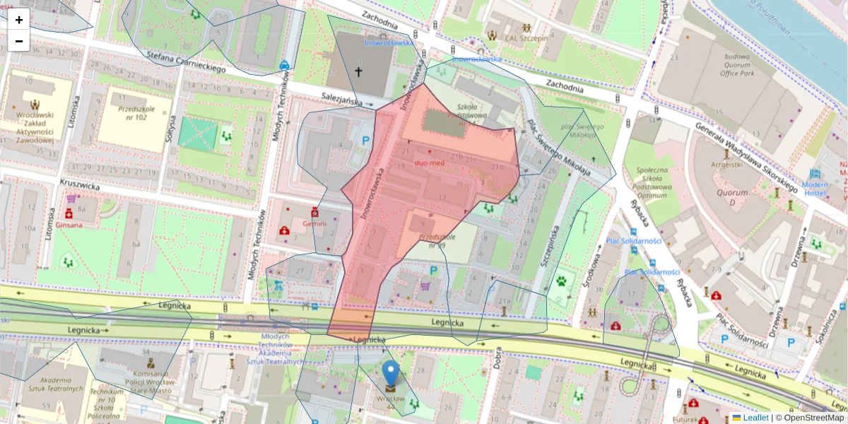 Szczegółowa mapa kodu pocztowego 53-653 z granicami, sąsiednimi kodami pocztowymi i urzędami pocztowymi