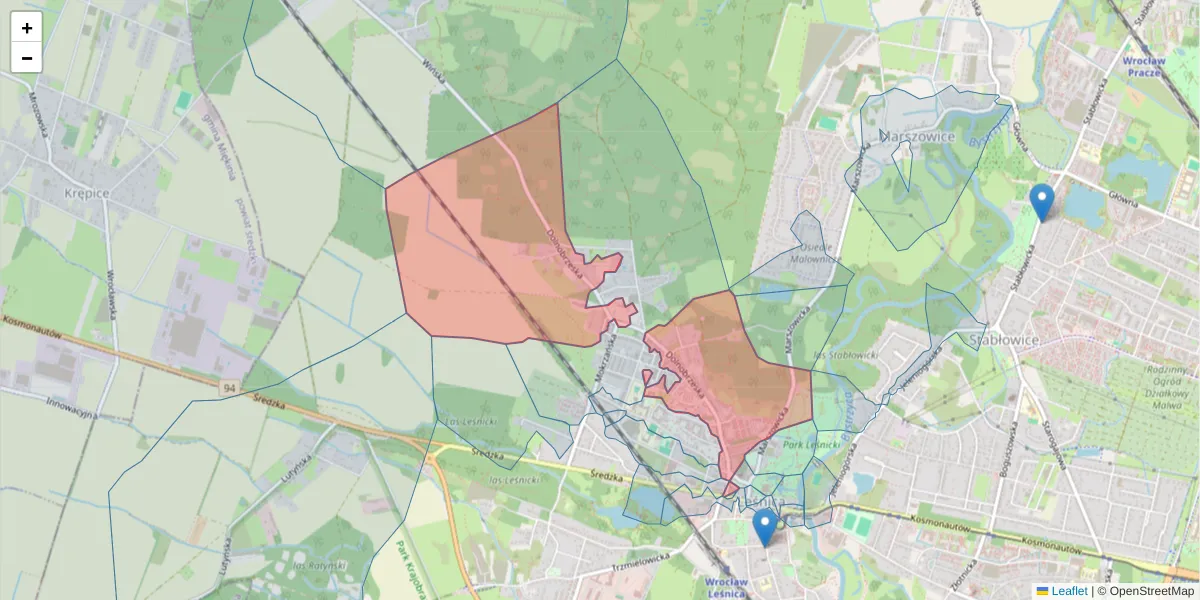 Szczegółowa mapa kodu pocztowego 54-072 z granicami, sąsiednimi kodami pocztowymi i urzędami pocztowymi