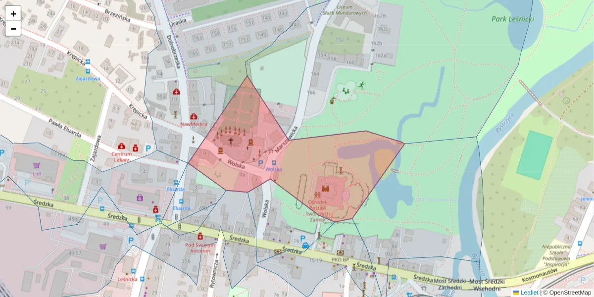 Szczegółowa mapa kodu pocztowego 54-076 z granicami, sąsiednimi kodami pocztowymi i urzędami pocztowymi