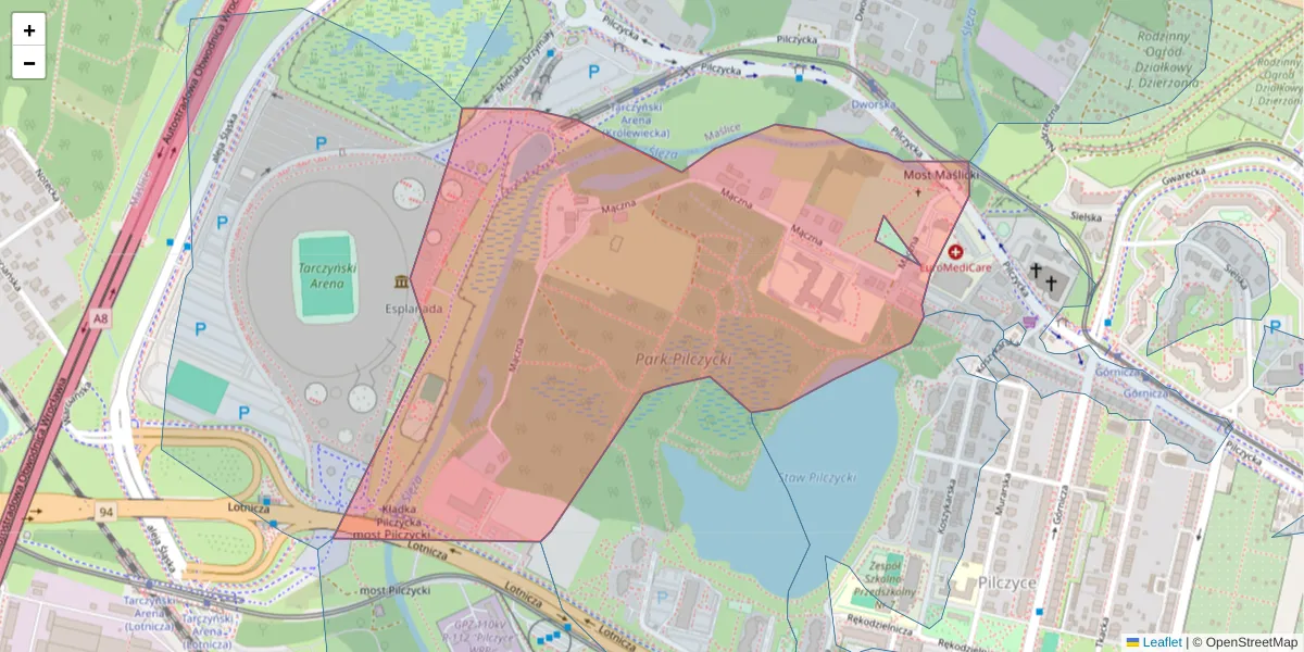 Szczegółowa mapa kodu pocztowego 54-131 z granicami, sąsiednimi kodami pocztowymi i urzędami pocztowymi