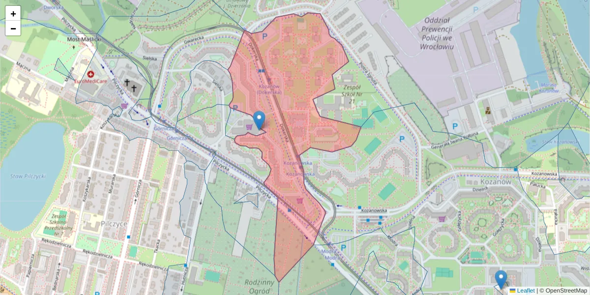 Szczegółowa mapa kodu pocztowego 54-142 z granicami, sąsiednimi kodami pocztowymi i urzędami pocztowymi