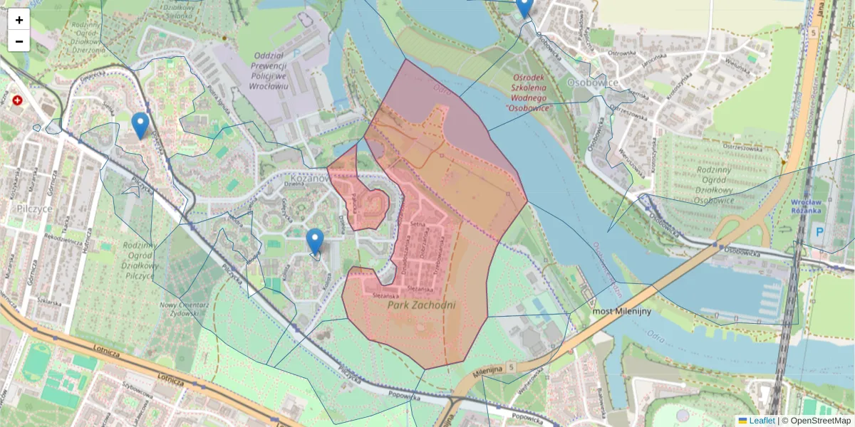 Szczegółowa mapa kodu pocztowego 54-153 z granicami, sąsiednimi kodami pocztowymi i urzędami pocztowymi