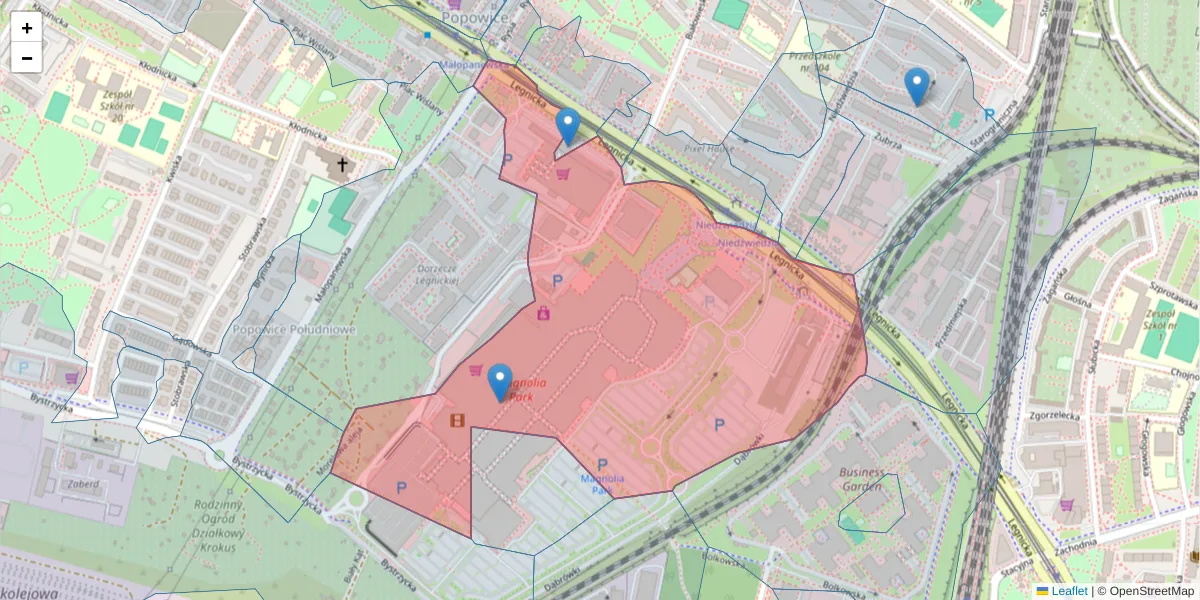Szczegółowa mapa kodu pocztowego 54-204 z granicami, sąsiednimi kodami pocztowymi i urzędami pocztowymi