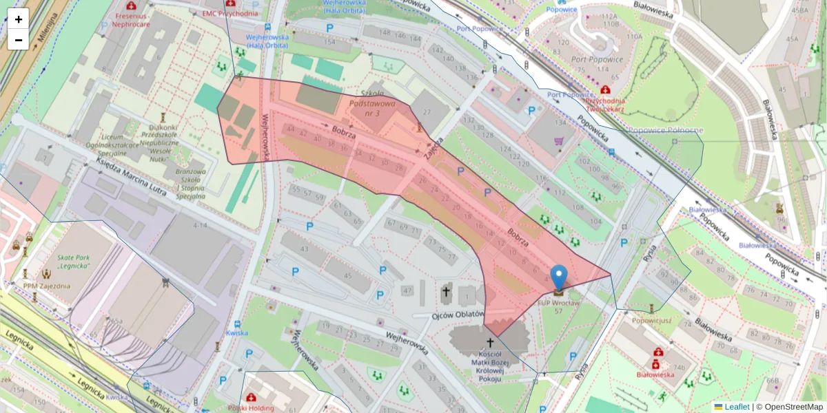 Szczegółowa mapa kodu pocztowego 54-220 z granicami, sąsiednimi kodami pocztowymi i urzędami pocztowymi