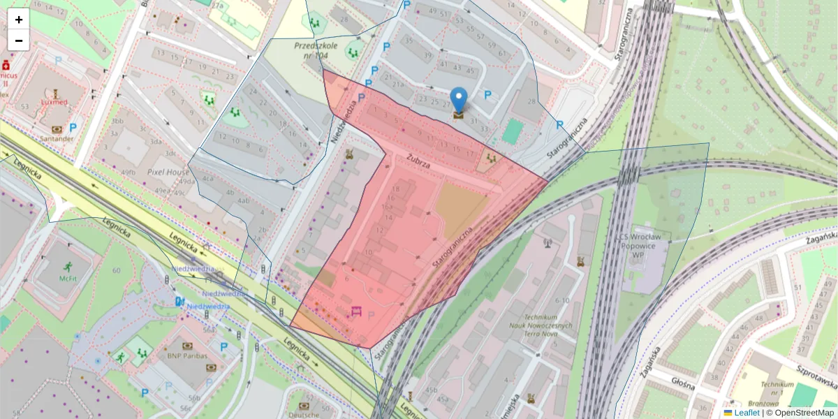 Szczegółowa mapa kodu pocztowego 54-229 z granicami, sąsiednimi kodami pocztowymi i urzędami pocztowymi