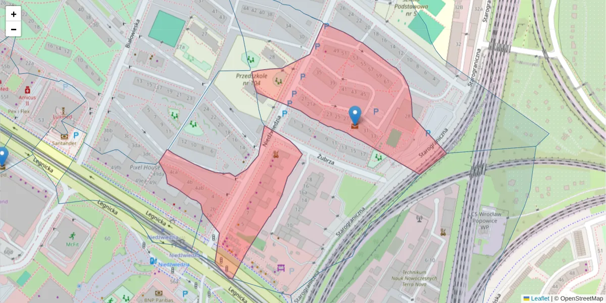 Szczegółowa mapa kodu pocztowego 54-232 z granicami, sąsiednimi kodami pocztowymi i urzędami pocztowymi