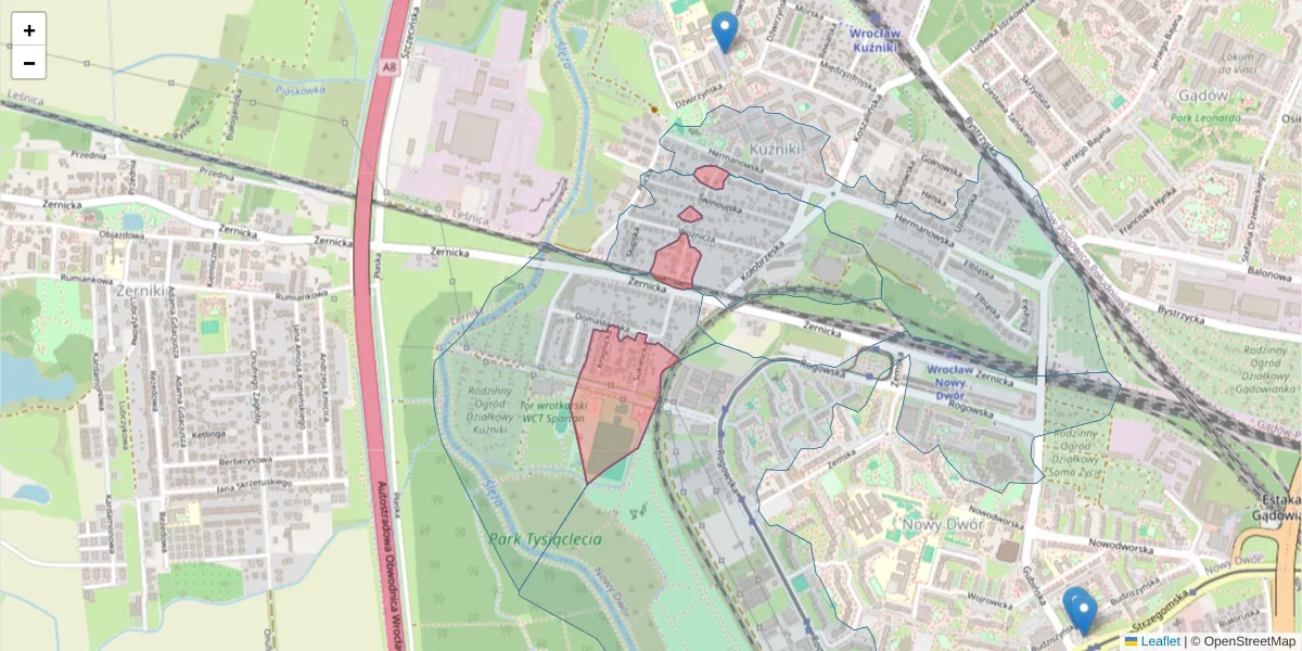 Szczegółowa mapa kodu pocztowego 54-311 z granicami, sąsiednimi kodami pocztowymi i urzędami pocztowymi