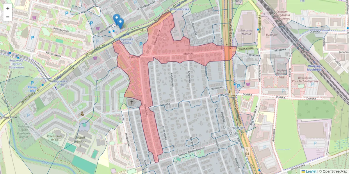Szczegółowa mapa kodu pocztowego 54-401 z granicami, sąsiednimi kodami pocztowymi i urzędami pocztowymi