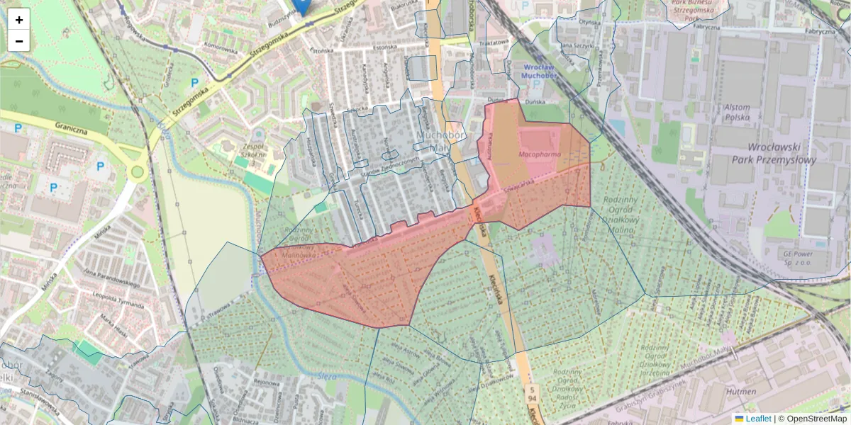Szczegółowa mapa kodu pocztowego 54-405 z granicami, sąsiednimi kodami pocztowymi i urzędami pocztowymi