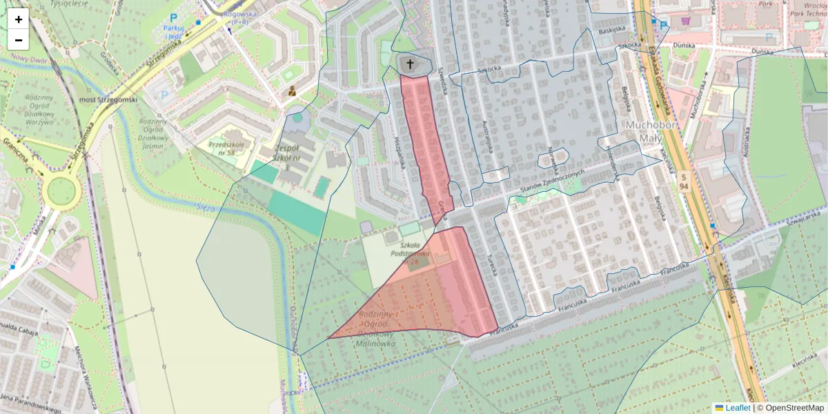 Szczegółowa mapa kodu pocztowego 54-406 z granicami, sąsiednimi kodami pocztowymi i urzędami pocztowymi
