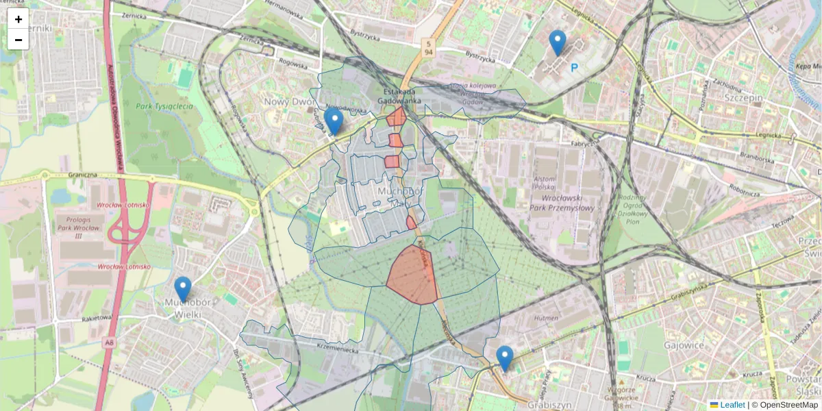 Szczegółowa mapa kodu pocztowego 54-412 z granicami, sąsiednimi kodami pocztowymi i urzędami pocztowymi