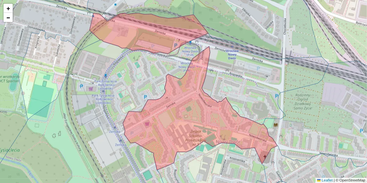 Szczegółowa mapa kodu pocztowego 54-438 z granicami, sąsiednimi kodami pocztowymi i urzędami pocztowymi