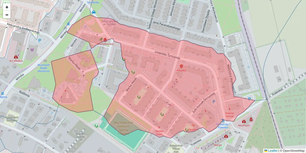Szczegółowa mapa kodu pocztowego 54-608 z granicami, sąsiednimi kodami pocztowymi i urzędami pocztowymi