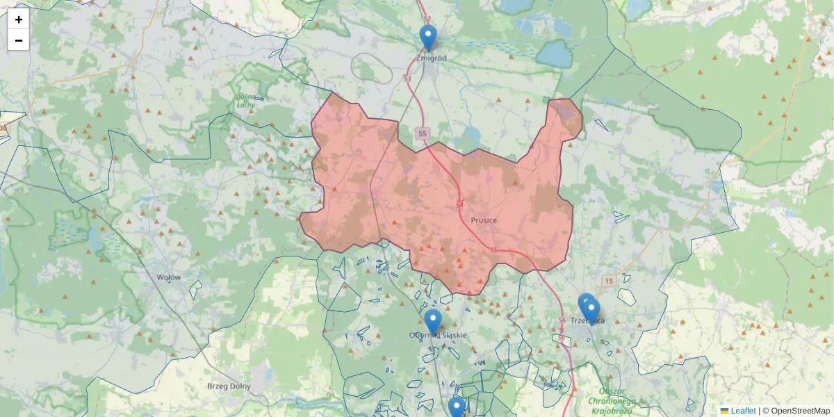 Szczegółowa mapa kodu pocztowego 55-110 z granicami, sąsiednimi kodami pocztowymi i urzędami pocztowymi
