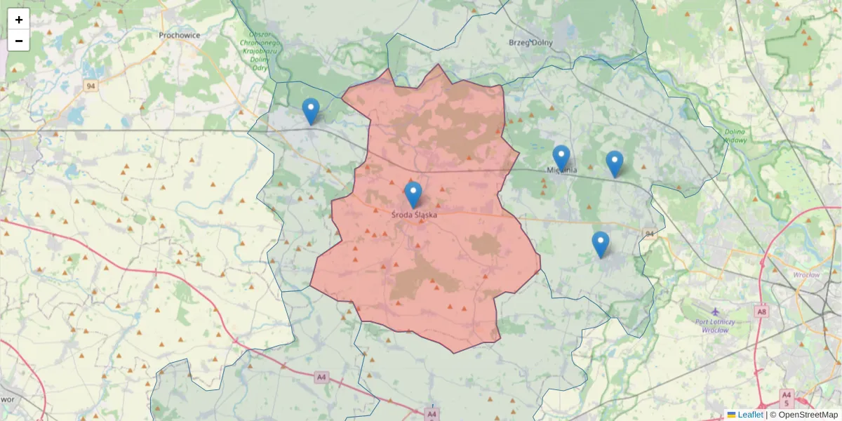 Szczegółowa mapa kodu pocztowego 55-300 z granicami, sąsiednimi kodami pocztowymi i urzędami pocztowymi
