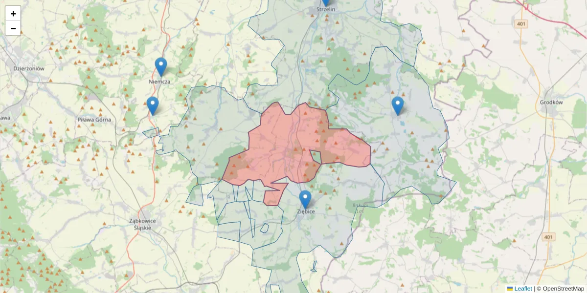 Szczegółowa mapa kodu pocztowego 57-210 z granicami, sąsiednimi kodami pocztowymi i urzędami pocztowymi