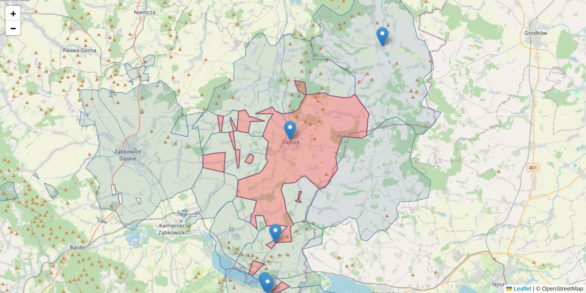 Szczegółowa mapa kodu pocztowego 57-220 z granicami, sąsiednimi kodami pocztowymi i urzędami pocztowymi