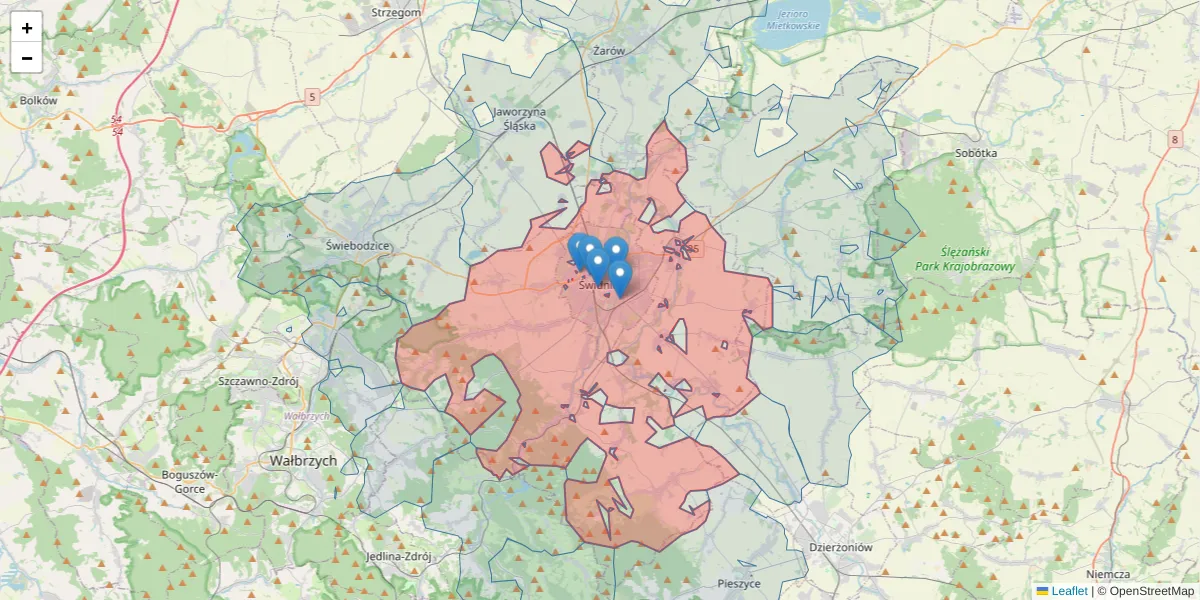 Szczegółowa mapa kodu pocztowego 58-100 z granicami, sąsiednimi kodami pocztowymi i urzędami pocztowymi
