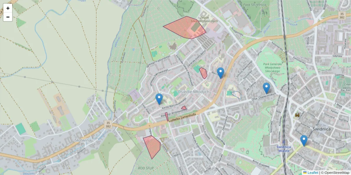 Szczegółowa mapa kodu pocztowego 58-105 z granicami, sąsiednimi kodami pocztowymi i urzędami pocztowymi