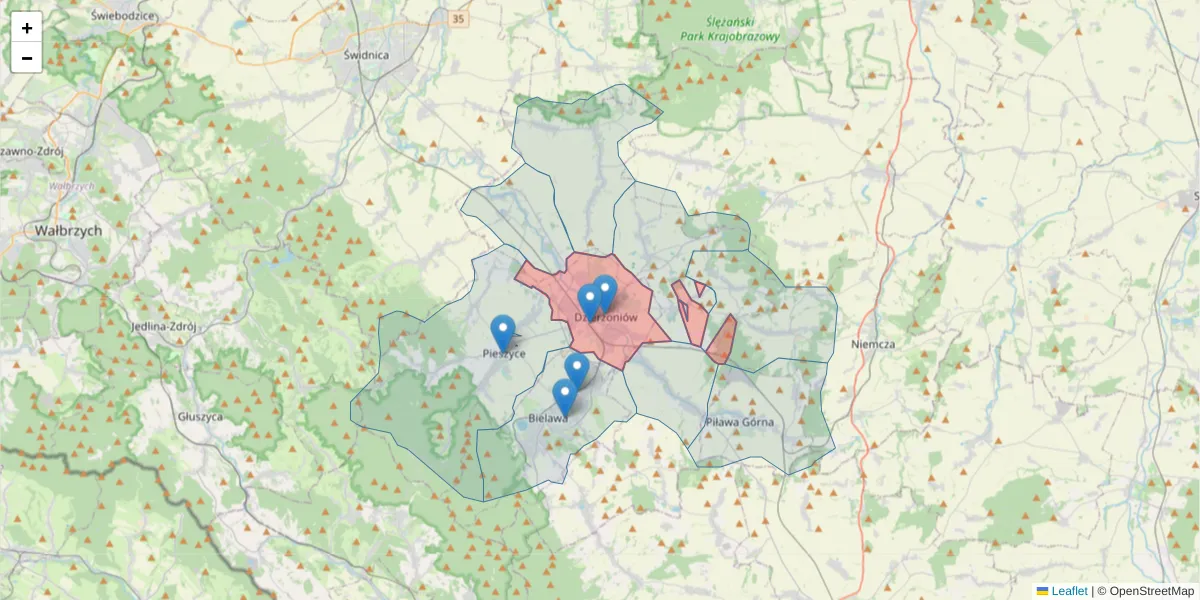 Szczegółowa mapa kodu pocztowego 58-200 z granicami, sąsiednimi kodami pocztowymi i urzędami pocztowymi