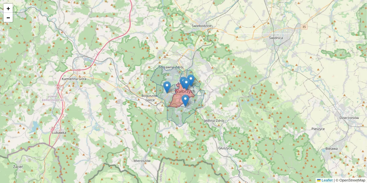Szczegółowa mapa kodu pocztowego 58-300 z granicami, sąsiednimi kodami pocztowymi i urzędami pocztowymi