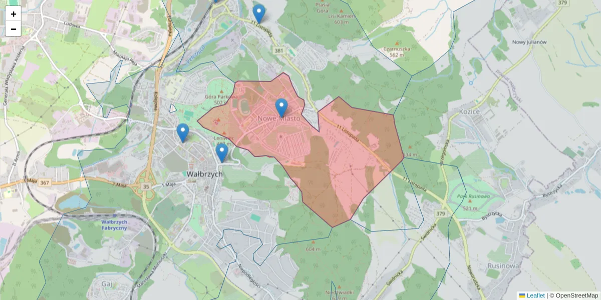 Szczegółowa mapa kodu pocztowego 58-301 z granicami, sąsiednimi kodami pocztowymi i urzędami pocztowymi