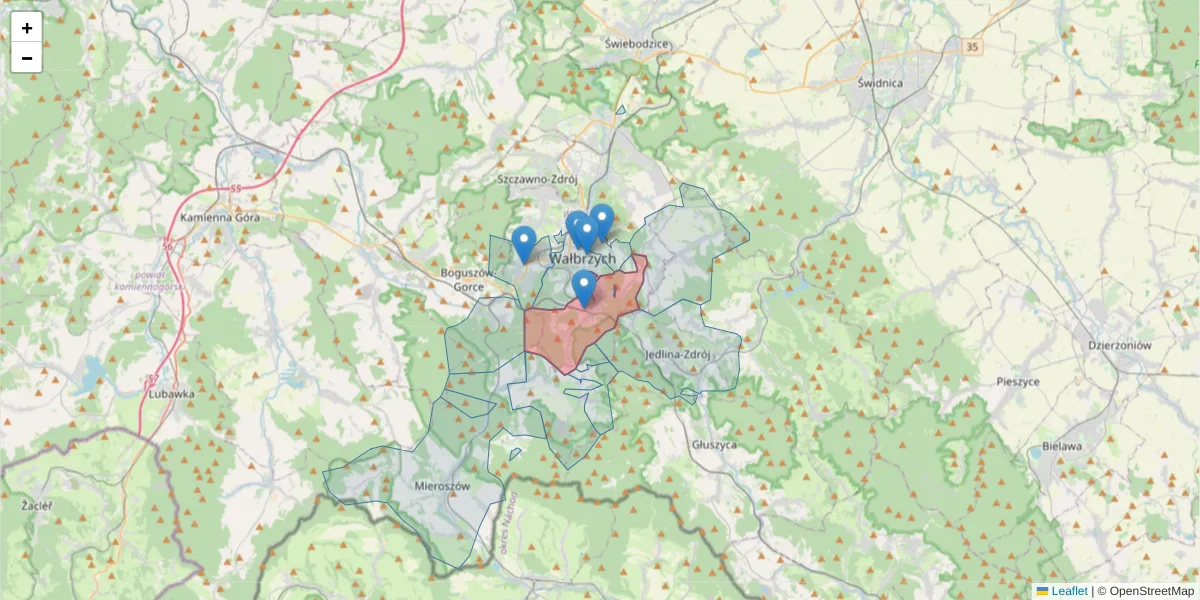 Szczegółowa mapa kodu pocztowego 58-303 z granicami, sąsiednimi kodami pocztowymi i urzędami pocztowymi