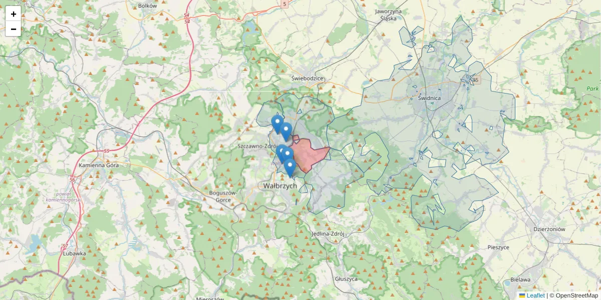 Szczegółowa mapa kodu pocztowego 58-307 z granicami, sąsiednimi kodami pocztowymi i urzędami pocztowymi