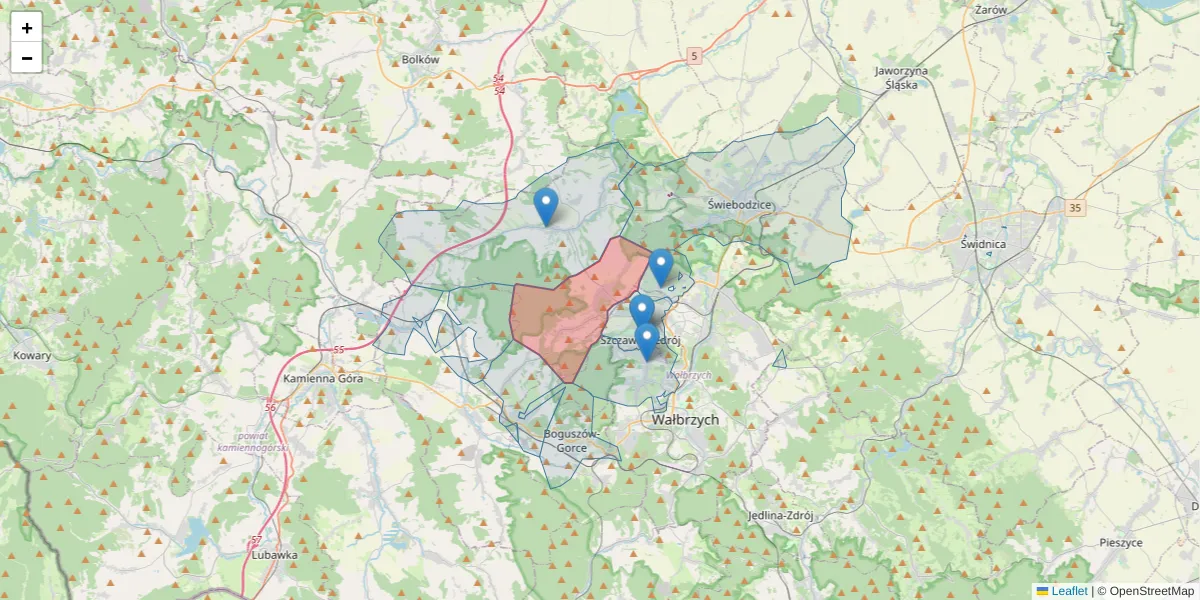 Szczegółowa mapa kodu pocztowego 58-311 z granicami, sąsiednimi kodami pocztowymi i urzędami pocztowymi
