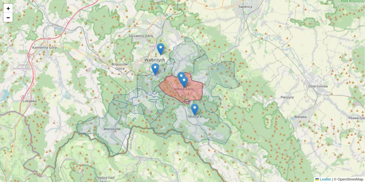 Szczegółowa mapa kodu pocztowego 58-330 z granicami, sąsiednimi kodami pocztowymi i urzędami pocztowymi