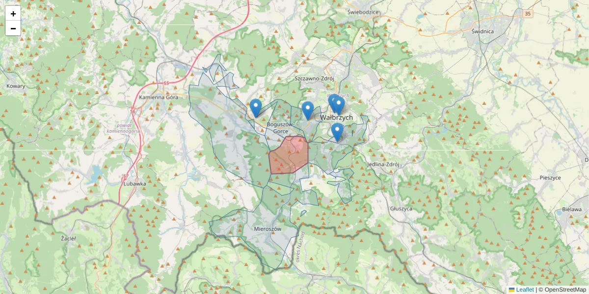 Szczegółowa mapa kodu pocztowego 58-372 z granicami, sąsiednimi kodami pocztowymi i urzędami pocztowymi