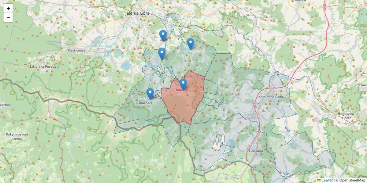 Szczegółowa mapa kodu pocztowego 58-530 z granicami, sąsiednimi kodami pocztowymi i urzędami pocztowymi
