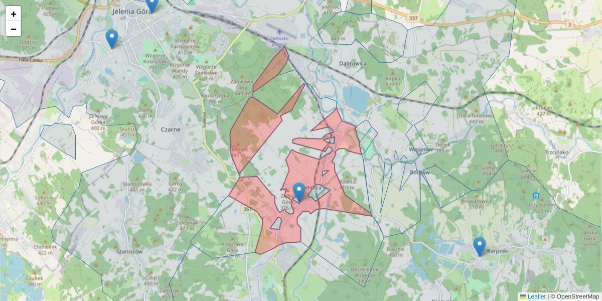 Szczegółowa mapa kodu pocztowego 58-531 z granicami, sąsiednimi kodami pocztowymi i urzędami pocztowymi