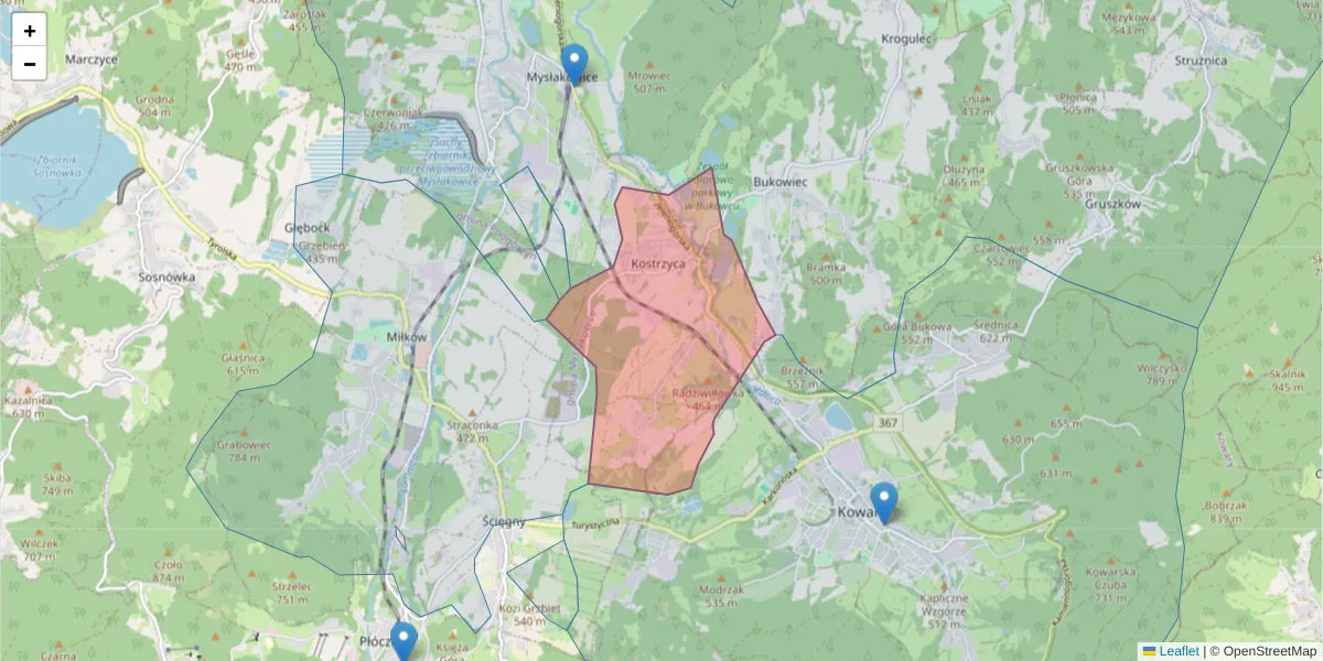 Szczegółowa mapa kodu pocztowego 58-532 z granicami, sąsiednimi kodami pocztowymi i urzędami pocztowymi