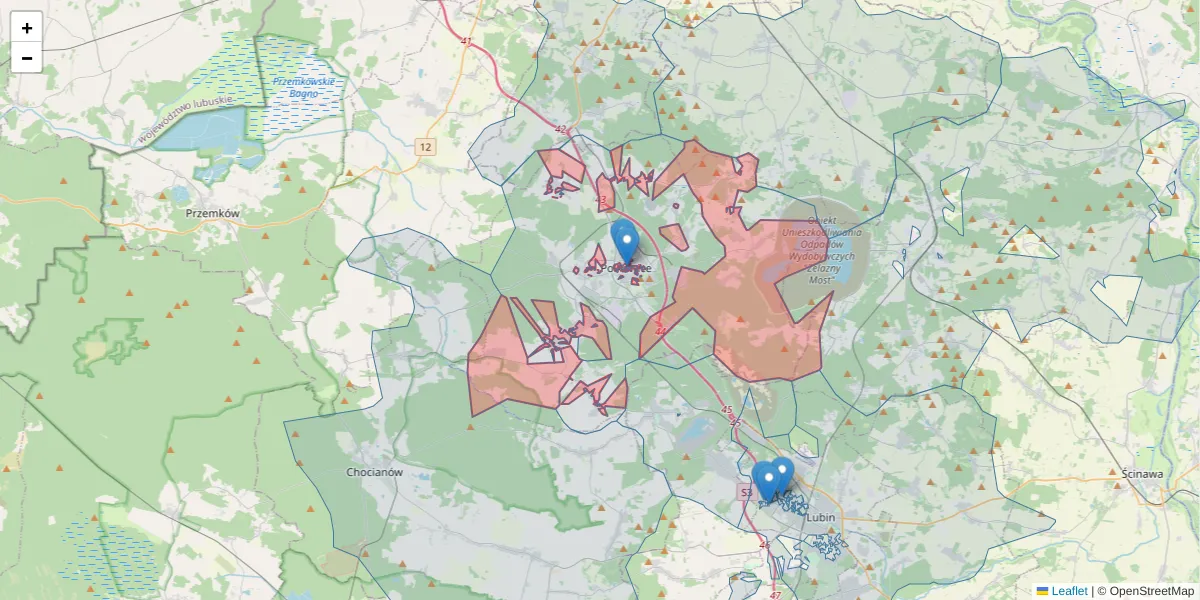 Szczegółowa mapa kodu pocztowego 59-100 z granicami, sąsiednimi kodami pocztowymi i urzędami pocztowymi