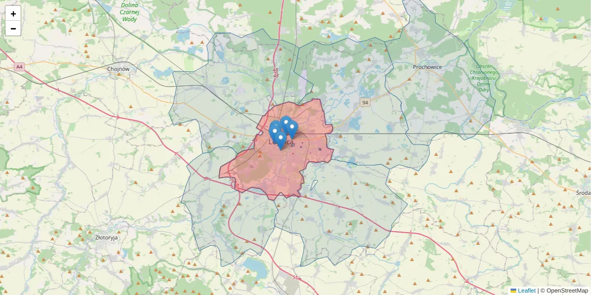 Szczegółowa mapa kodu pocztowego 59-220 z granicami, sąsiednimi kodami pocztowymi i urzędami pocztowymi