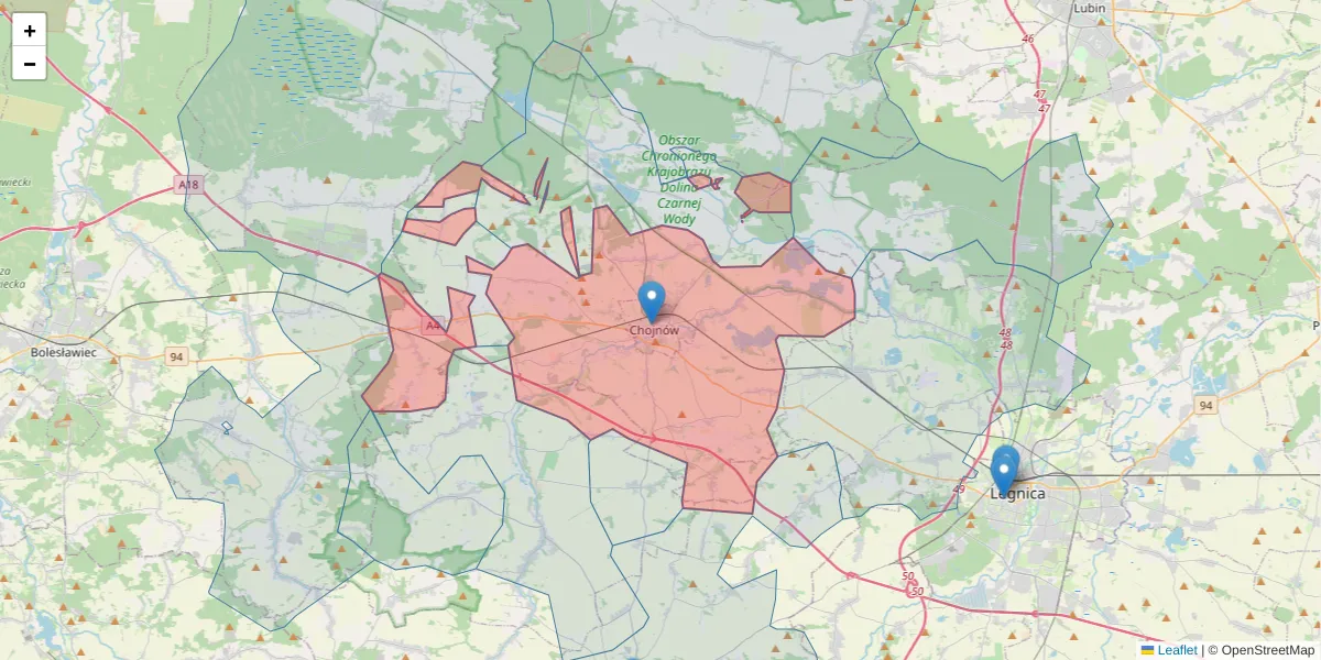 Szczegółowa mapa kodu pocztowego 59-225 z granicami, sąsiednimi kodami pocztowymi i urzędami pocztowymi