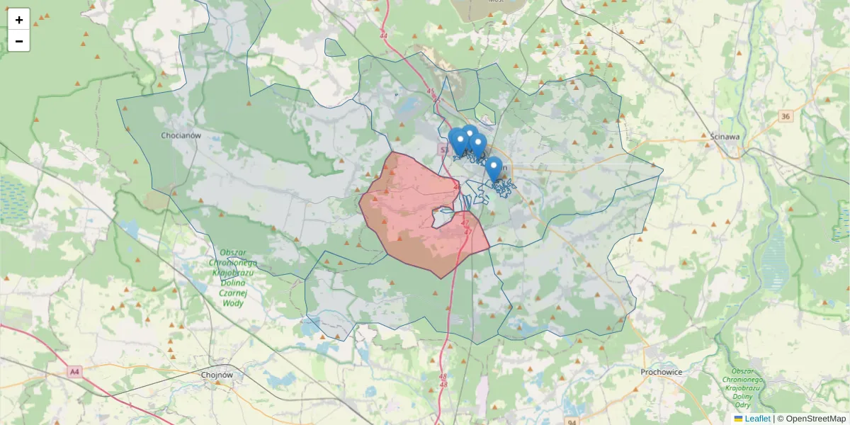 Szczegółowa mapa kodu pocztowego 59-311 z granicami, sąsiednimi kodami pocztowymi i urzędami pocztowymi