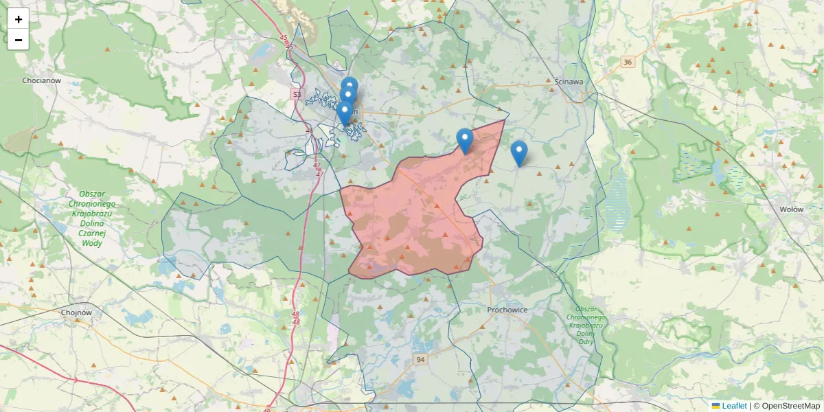 Szczegółowa mapa kodu pocztowego 59-323 z granicami, sąsiednimi kodami pocztowymi i urzędami pocztowymi