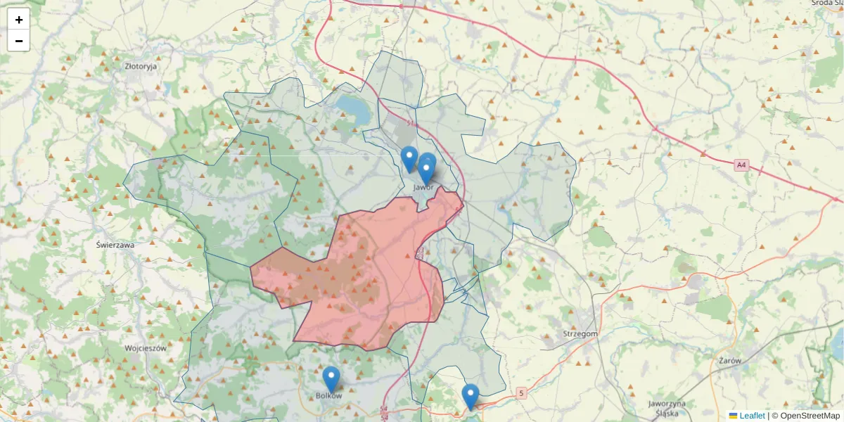 Szczegółowa mapa kodu pocztowego 59-411 z granicami, sąsiednimi kodami pocztowymi i urzędami pocztowymi