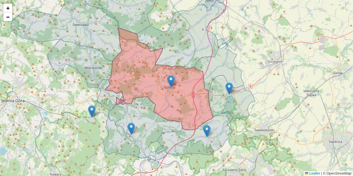 Szczegółowa mapa kodu pocztowego 59-420 z granicami, sąsiednimi kodami pocztowymi i urzędami pocztowymi
