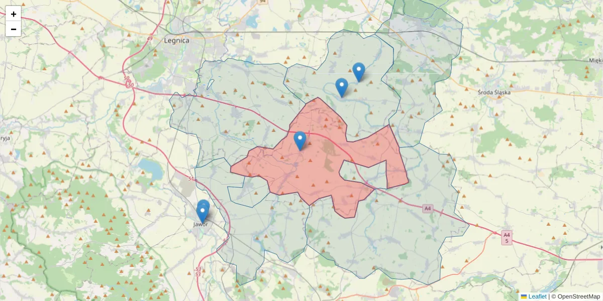 Szczegółowa mapa kodu pocztowego 59-430 z granicami, sąsiednimi kodami pocztowymi i urzędami pocztowymi
