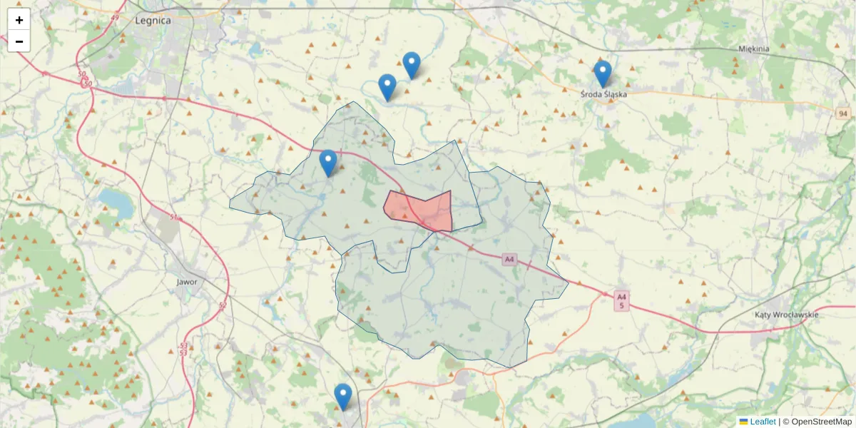 Szczegółowa mapa kodu pocztowego 59-431 z granicami, sąsiednimi kodami pocztowymi i urzędami pocztowymi