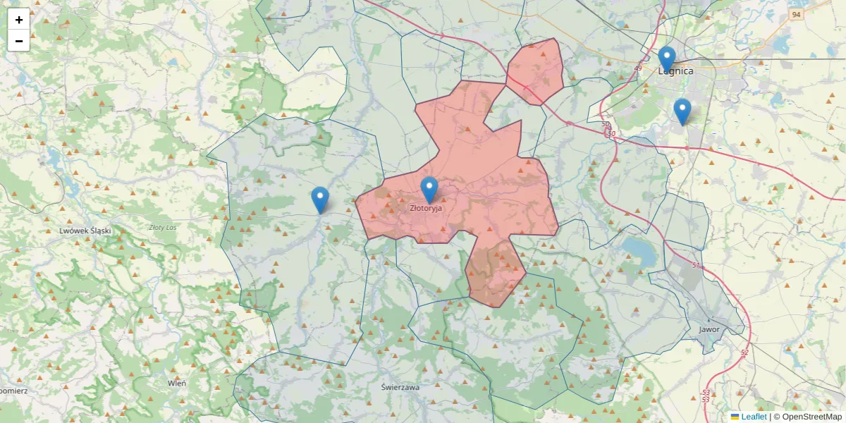 Szczegółowa mapa kodu pocztowego 59-500 z granicami, sąsiednimi kodami pocztowymi i urzędami pocztowymi