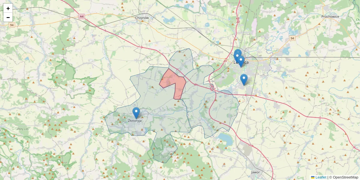 Szczegółowa mapa kodu pocztowego 59-511 z granicami, sąsiednimi kodami pocztowymi i urzędami pocztowymi