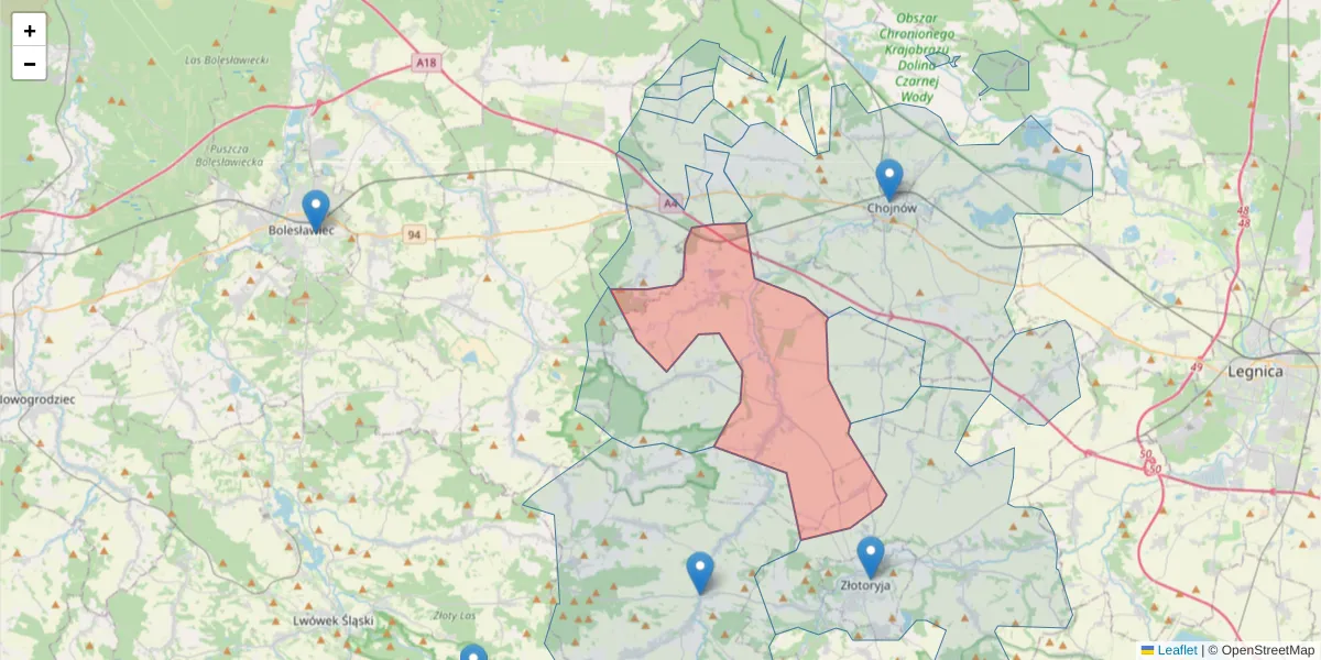 Szczegółowa mapa kodu pocztowego 59-516 z granicami, sąsiednimi kodami pocztowymi i urzędami pocztowymi