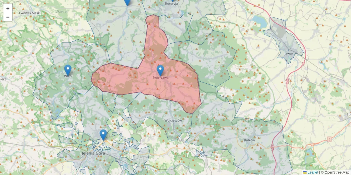 Szczegółowa mapa kodu pocztowego 59-540 z granicami, sąsiednimi kodami pocztowymi i urzędami pocztowymi