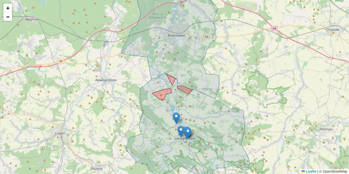 Szczegółowa mapa kodu pocztowego 59-604 z granicami, sąsiednimi kodami pocztowymi i urzędami pocztowymi