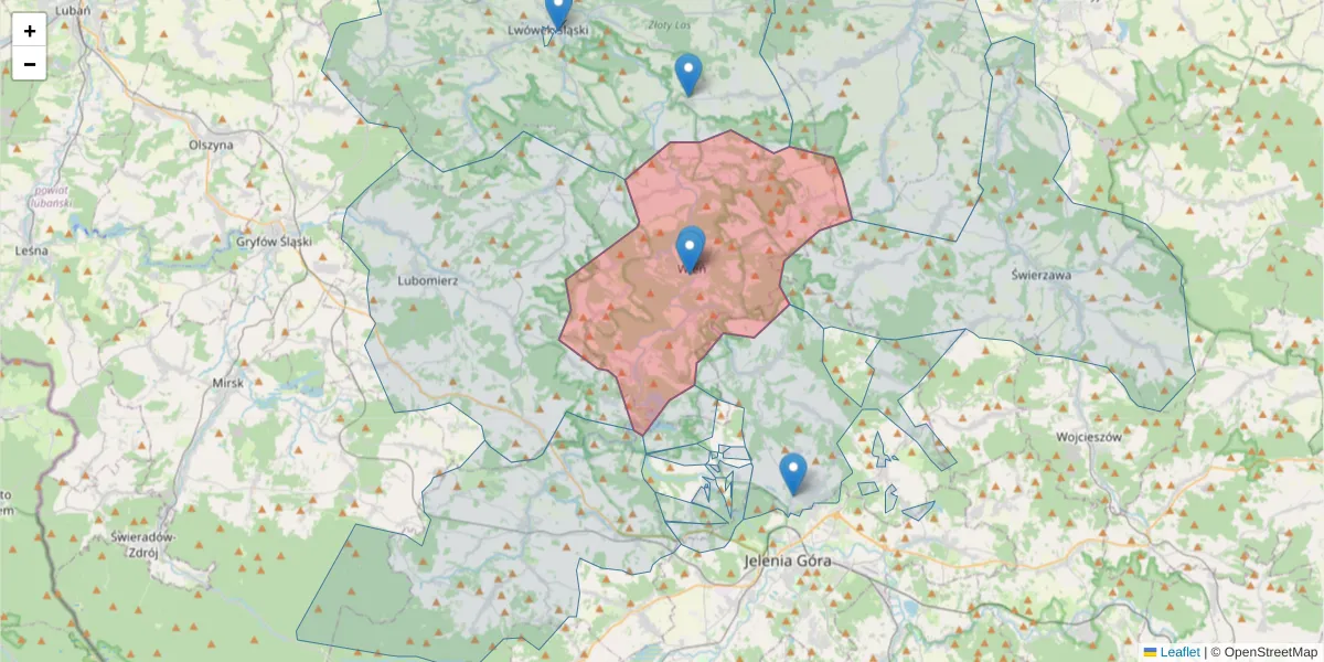 Szczegółowa mapa kodu pocztowego 59-610 z granicami, sąsiednimi kodami pocztowymi i urzędami pocztowymi