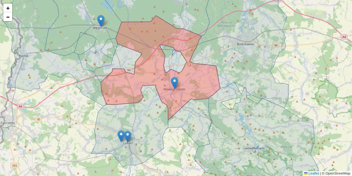 Szczegółowa mapa kodu pocztowego 59-730 z granicami, sąsiednimi kodami pocztowymi i urzędami pocztowymi